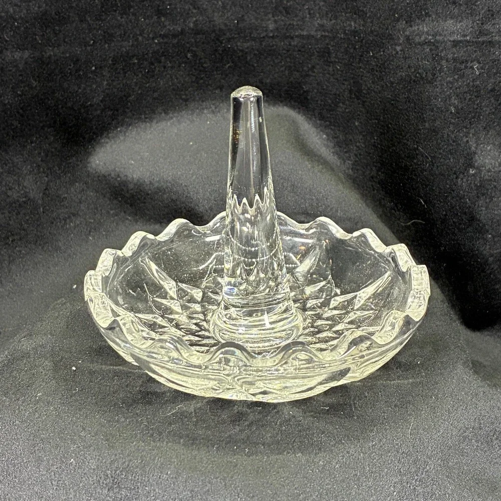 Vintage Clear Pressed Glass Ring Holder Sunburst Scalloped Jewelry Dish 3.5in